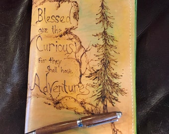 Veg Tan Leather Journal, Artisan made with Leather Burned Scene and Saying ~ with 2 Molskine Note Books~ Refillable