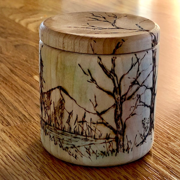 Hand Turned Multi-wood Segmented Box with Wood Burned Trees, Keepsake Box, Mn made, Jewelry Box, Wood Turned, Collectible Birthday Gift,