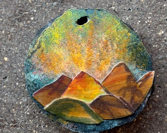 3" The Mountains are Alive Painting, Ironwood with inlayed Mountains, Painted sky, One of a kind Art, Wall hanging, Rustic country, MN Made,