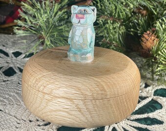 Hand Turned Oak Treasure Box with 2 " Hand carved Bear, Made in MN, Perfect gift, For Jewelry or Keepsakes, Bear Collection, Shop Local
