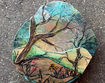 3.50 Summer Day Painting, Ironwood with inlayed Mountains and Trees, Painted sky, One of a kind Art, Wall hanging, Rustic country, MN Made,