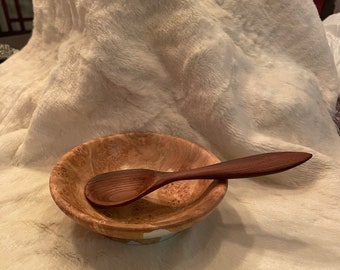 Hand Carved Russian Olive Wood Spoon With Hand Turned Curly Maple bowl, Great for dip or sauces, Great Kitchen gadget, Made in Minnesota