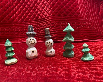 Hand Carved Wooden Snowman Family and Forest ~ Winter ~ Decor ~ MN Made