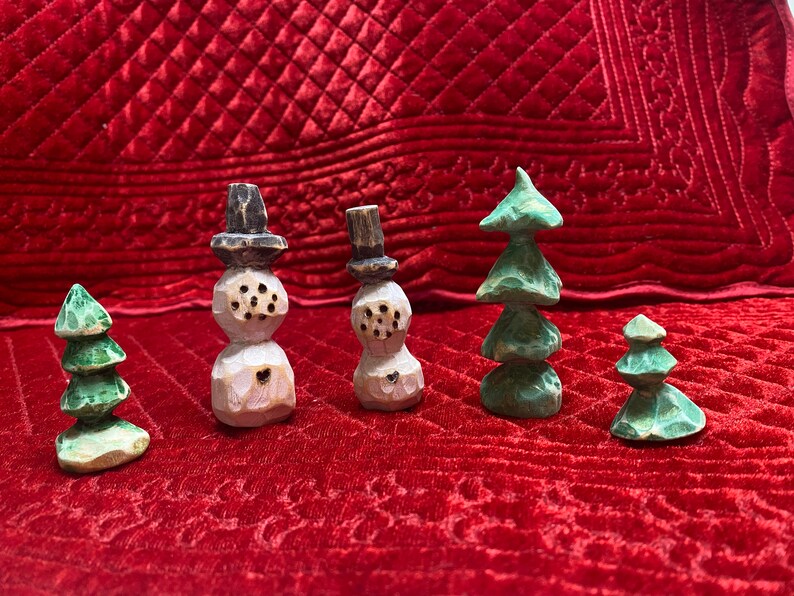Hand Carved Wooden Snowman Family and Forest  Winter  Decor image 1