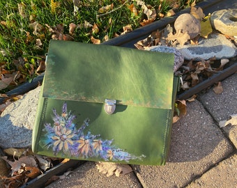 Green Leather Shoulder Messenger Bag ~Artisan made with Painted  Flowers ~one of a kind~Leather Travel Crossbody Bag~Made in MN