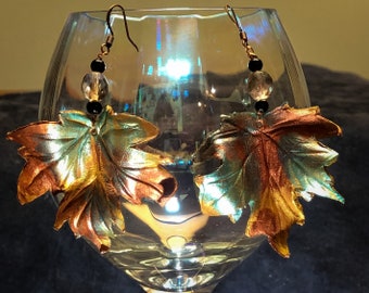 Leather Maple Leaf Earrings  with Crystals ~ One of a Kind ~ Hand Tooled ~ Minnesota Made