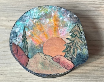 5.5" Morning Glow Scene, Ironwood with inlayed mountains and trees, Painted sky, One of a kind Art, Wall hanging, Rustic country, MN Made,