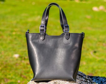 Black leather tote bag Crossbody bag Leather bag Leather handbag  Shoulder bag - KYANIA