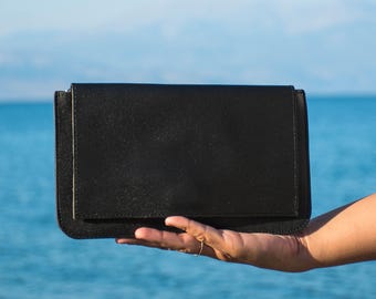 Black leather clutch purse, Formal clutch handmade from full grain leather - KYANIA