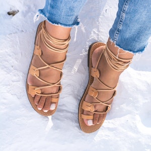 Leather Gladiator Sandals, Lace Up Greek Sandals, Chalkia KYANIA Natural Leather
