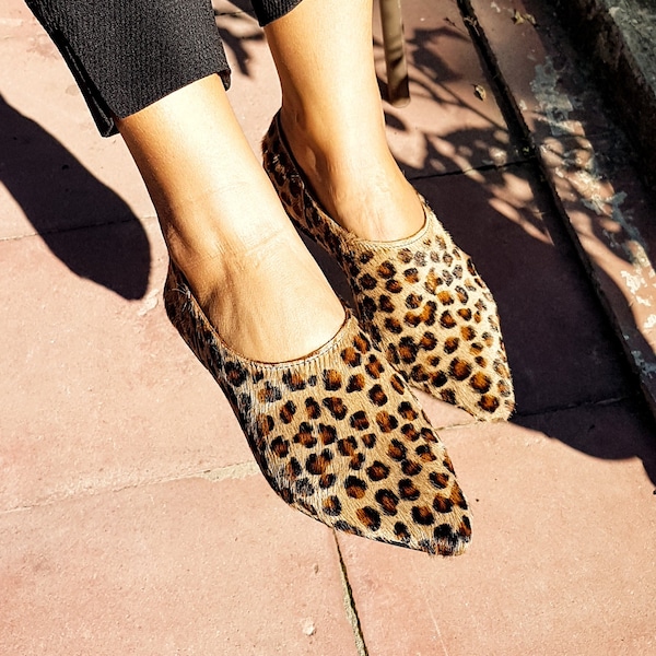 Leopard print pointed flats, Leopard mules, animal print mules, soft leather slip on moccasins handmade, full grain leather KYANIA