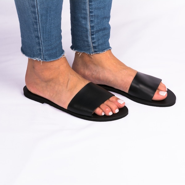 Womens leather slides, handmade greek sandals, black flat sandals full grain natural leather - Kythnia - KYANIA