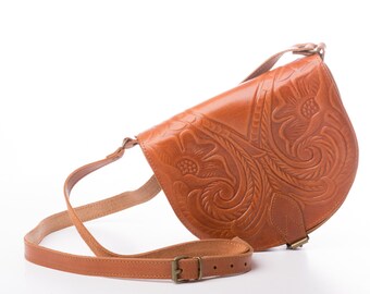 Womens small tooled leather saddle bag purse in dark tan, handmade in Greece  - KYANIA