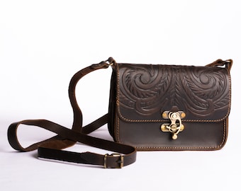 Leather crossbody bag, Leather saddle bag, Tooled leather purse handmade with full grain cowhide leather in Greece - KYANIA