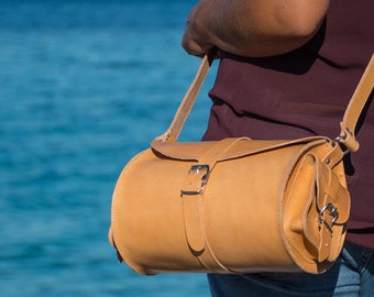 Cylinder bag, Leather barrel bag purse, handmade in Greece from full grain cowhide, leather crossbody bag in beige leather colour - KYANIA