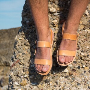 Mens leather sandals, Jesus sandals, Greek sandals, handmade slingback flat sandals ankle strap sandals in natural leather- Aeginia - KYANIA