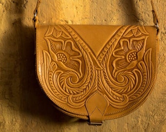 Tooled leather purse, Tooled leather bag, Tooled leather saddle bag, crossbody bag, Tooled leather handbag, genuine leather - KYANIA