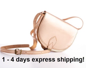 Small leather crossbody bag metallic rose gold purse, Saddle bag, Girl handbag , Woman leather bag - KYANIA