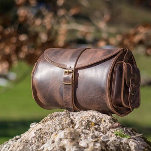 Women's brown leather barrel crossbody purse, tube saddle bag handmade in Greece with full grain cowhide leather KYANIA image 1