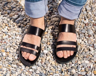 Mens leather sandals Black Men greek sandals Gladiator ankle strap greek sandals for men - SERIFIA