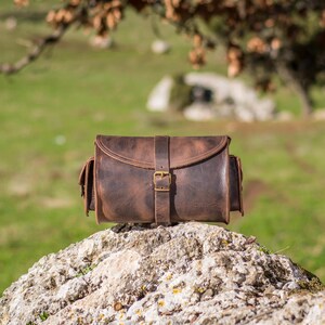 Women's brown leather barrel crossbody purse, tube saddle bag handmade in Greece with full grain cowhide leather KYANIA image 2