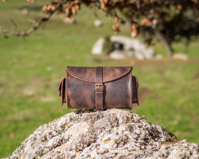 Women's brown leather barrel crossbody purse, tube saddle bag handmade in Greece with full grain cowhide leather KYANIA image 2