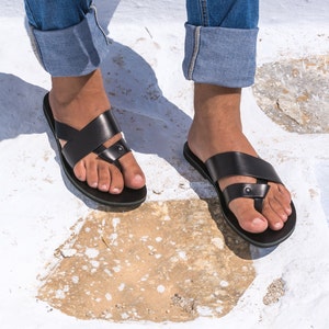 Mens greek sandals, Mens leather sandals, leather slides, mens slip on sandals, handmade flat sandals full grain leather - Agistria - KYANIA