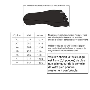 K&ouml;nnte beinhalten: Eine wei&szlig;e Grafik mit Text und Fu&szlig;umriss zur Messung der Schuhgr&ouml;&szlig;e. Die Tabelle zeigt EU-Gr&ouml;&szlig;en, Zentimeter und Zoll, mit Anweisungen auf Franz&ouml;sisch. Die Marke "KYANIA" steht oben und bietet handgefertigte Ledersandalen und -taschen an.