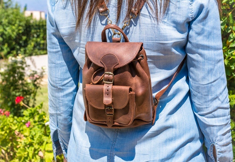 Mini backpack purse, small leather backpack women, Mini leather backpack, handmade from full grain leather KYANIA Brown