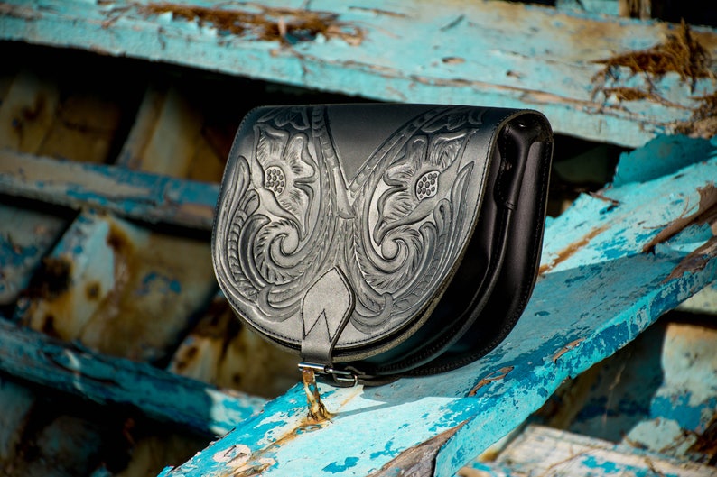 Tooled leather saddle bag purse Black crossbody bag embossed Etsy