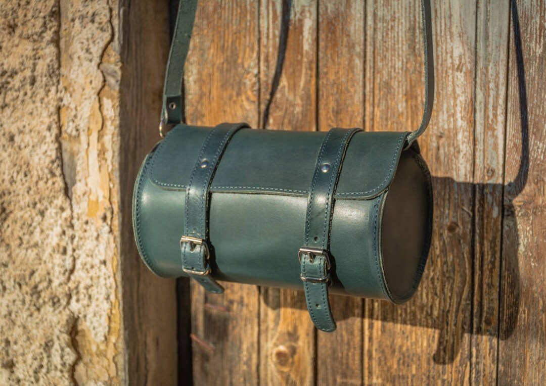 Crossbody Leather Bag Petrol Green Cylinder Purse Color