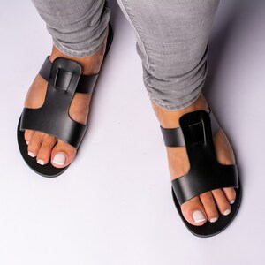 Black leather sandals, ancient greek style sandals, flat slide sandals, women summer shoes - KYANIA