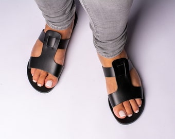 Black leather sandals, ancient greek style sandals, flat slide sandals, women summer shoes - KYANIA