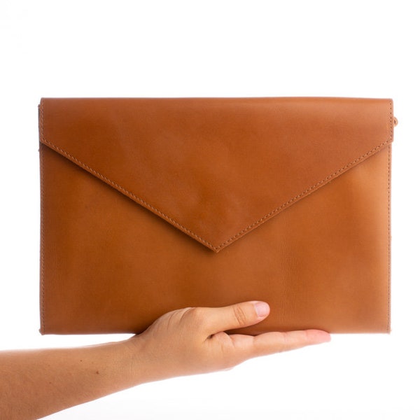 Leather clutch envelope bag, Tan Leather envelope clutch, Evening bag, Handmade large leather purse, full grain leather  - KYANIA