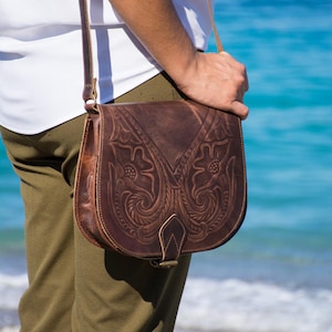 Leren tas zadeltas, leren tas met gereedschap, leren tas met gereedschap, tas met bloemenpatroon, bruine crossbodytassen voor vrouwen - KYANIA