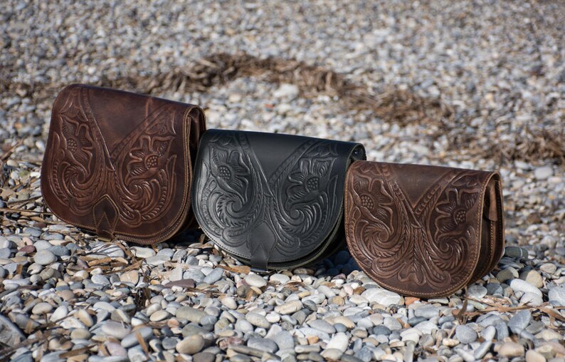 Tooled leather saddle bag purse Black crossbody bag embossed Etsy
