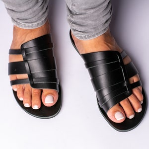 Black leather sandals, greek sandals, flat slide sandals, women slider sandals, summer shoes - KYANIA