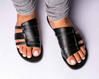 Black leather sandals, greek sandals, flat slide sandals, women slider sandals, summer shoes - KYANIA