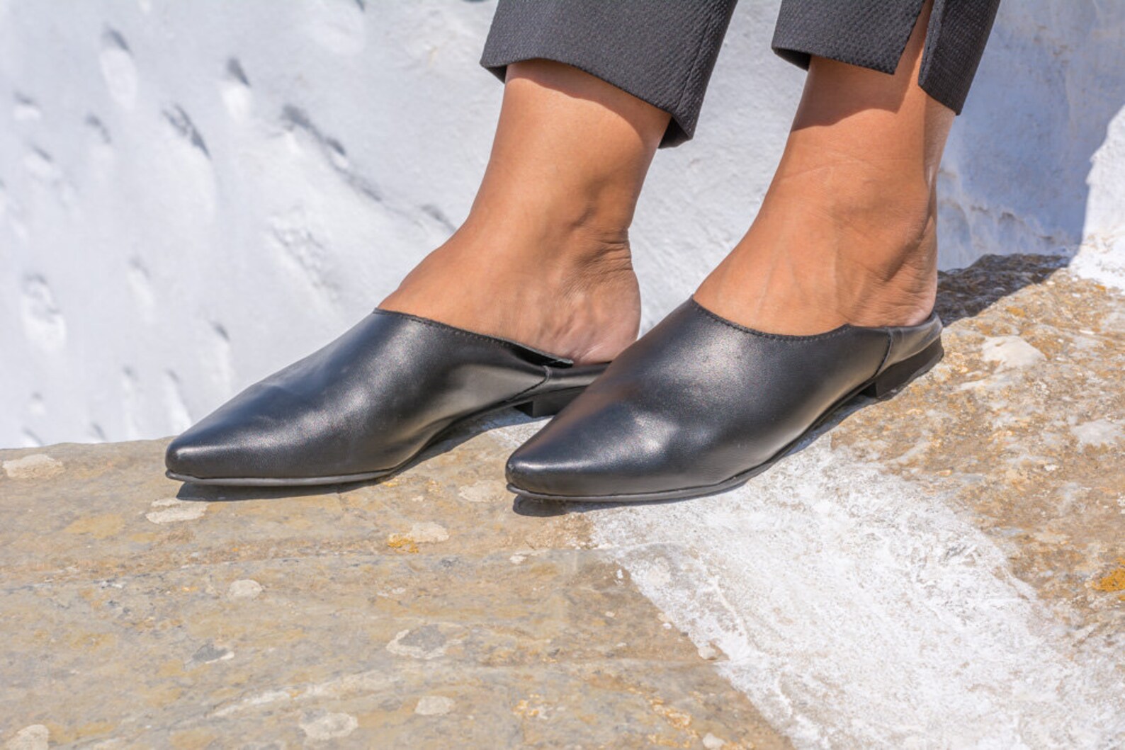 black leather pointed shoes womens soft moccasin flat everyday handmade loafers fashion slip on mules black slippers ballet flat