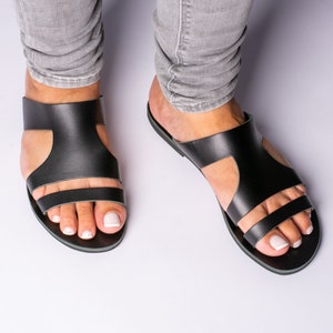 Leather sandals women, black greek sandals, slide sandals, strappy flat sandals, summer shoes handmade with full grain leather - KYANIA