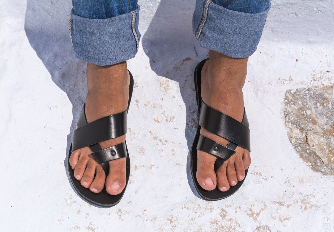 Mens Leather Sandals, Mens Greek Sandals, Mens Slip on Slide Sandals