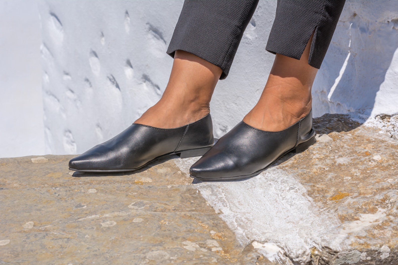 black leather pointed shoes womens soft moccasin flat everyday handmade loafers fashion slip on mules black slippers ballet flat