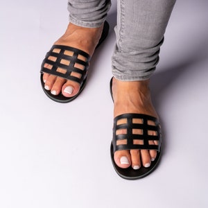 Leather sandals women, greek sandals, flat slide sandals, strappy slider sandals,  women summer shoes - KYANIA