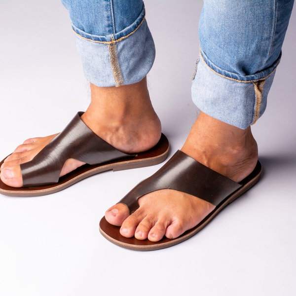 Mens leather sandals,, Mens Greek sandals, Leather sandals men, Toe loop sandals, full grain brown premium flat sandals - Leria - KYANIA