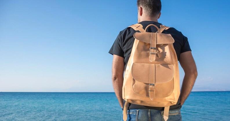 Unisex rucksack shoulder bag KYANIA large travel handbag natural tan brown Leather backpack men genuine leather laptop school purse