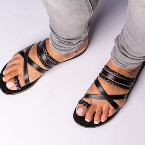 Black leather sandals women, ancient greek style sandals, toe ring flat slide sandals, braided strappy sandals, women summer shoes - KYANIA
