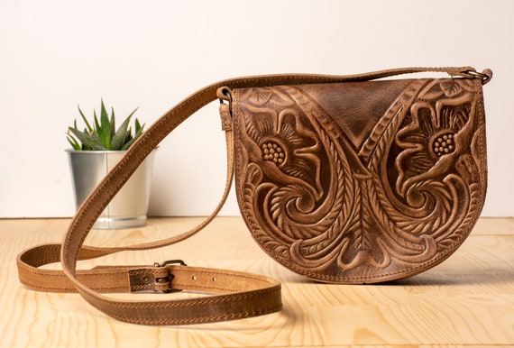 Tooled Leather Cross Body Saddle Bag Purse Saddle Shoulder Bag Flower Embossed Leather Bag Small Women s Dark Brown Purse KYANIA Etsy