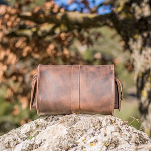 Women's brown leather barrel crossbody purse, tube saddle bag handmade in Greece with full grain cowhide leather KYANIA image 3