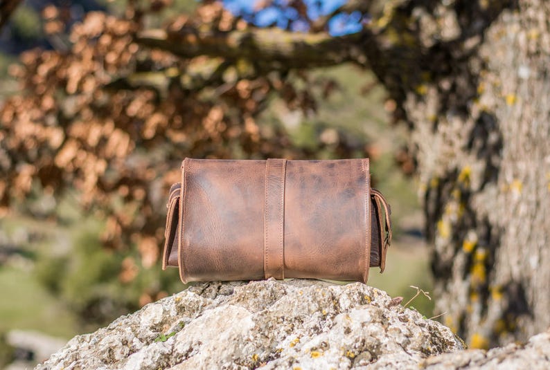 Women's brown leather barrel crossbody purse, tube saddle bag handmade in Greece with full grain cowhide leather KYANIA image 3