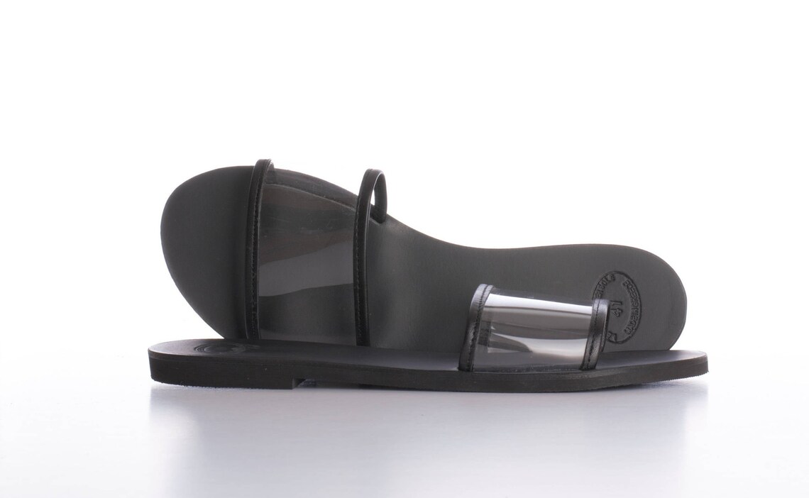 black leather flat slides
